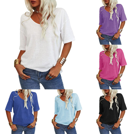 💖2025 Venta Caliente de Verano💥Camiseta de Cuello en V de Color Liso para Mujer