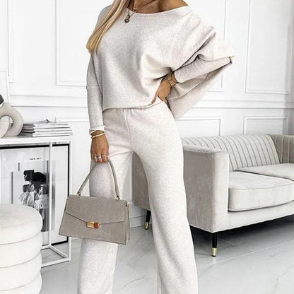 🔥Especial 50% de descuento🔥Conjunto de jersey con hombros caídos y pantalones holgados de color sólido para mujer