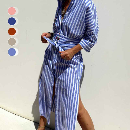 Vestido Camisero de Rayas Sueltas y Media Manga