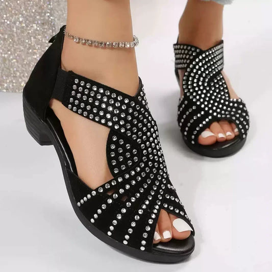 Sandalias retro de mujer con punta abierta y tacón grueso