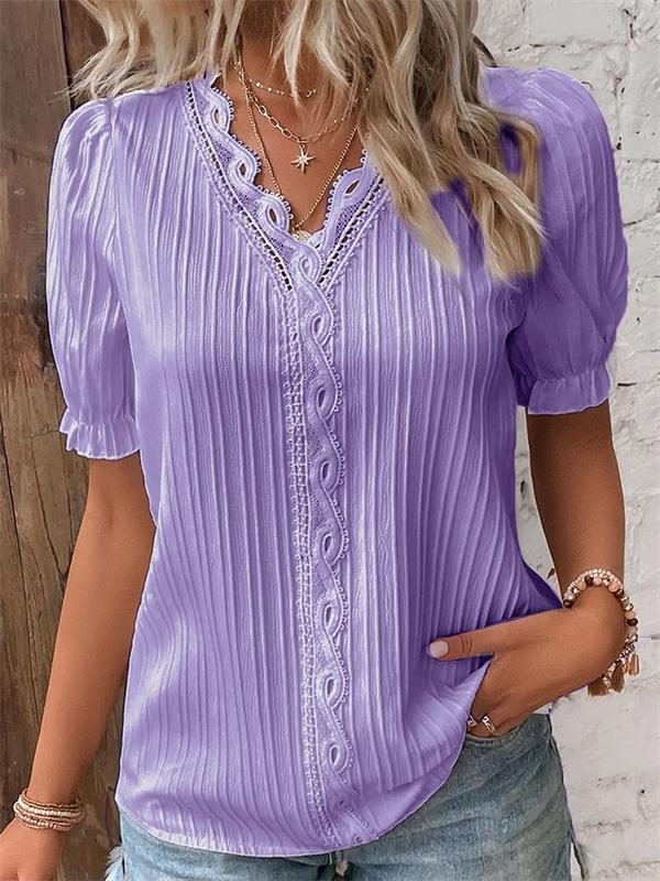 Cuello en V Encaje Liso Camisa Elegante - Compre 3 envío gratis canadaify