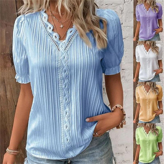 Cuello en V Encaje Liso Camisa Elegante - Compre 3 envío gratis canadaify