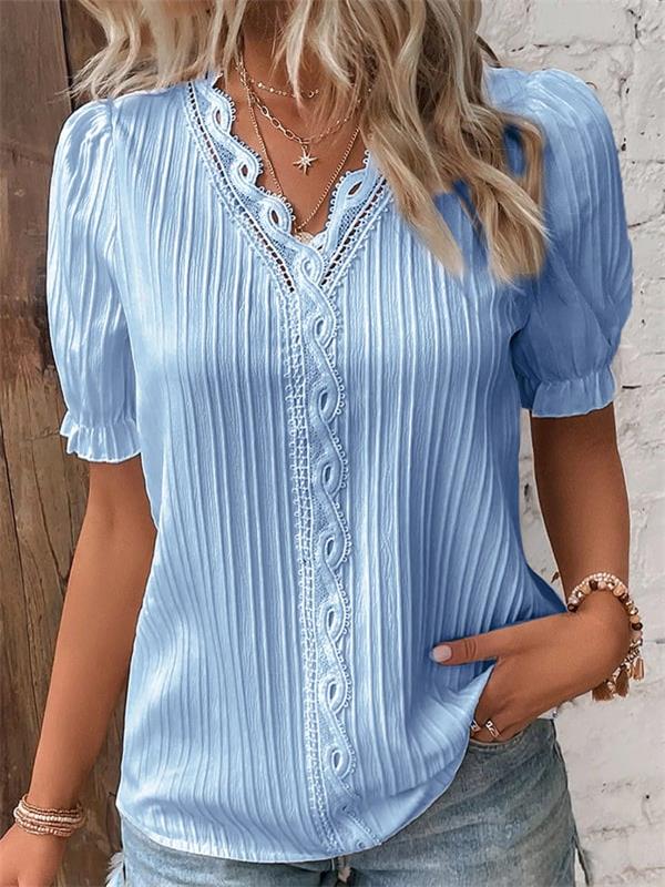 Cuello en V Encaje Liso Camisa Elegante - Compre 3 envío gratis canadaify